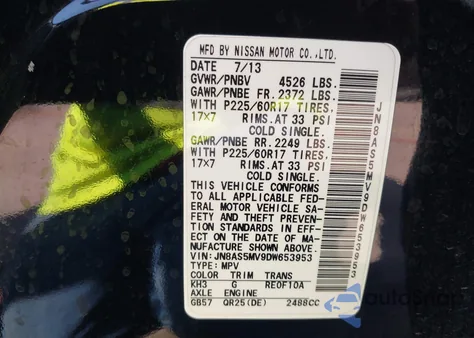 2013 Nissan Rogue Sv from USA, damaged, VIN JN8AS5MV9DW653953